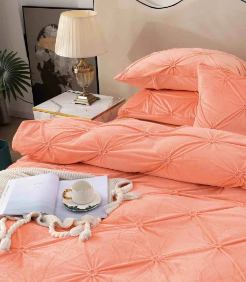 Lenjerie de pat din catifea cu pliuri, 4 piese, pentru pat dublu, culoare PORTOCALIU