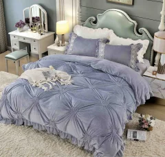 Lenjerie de pat din catifea cu pliuri si dantela, 4 piese, pentru pat dublu, culoare MOV