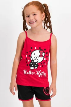 Pijama fete cu maiou și pantalon scurt, imprimeu Hello Kitty, Rosu