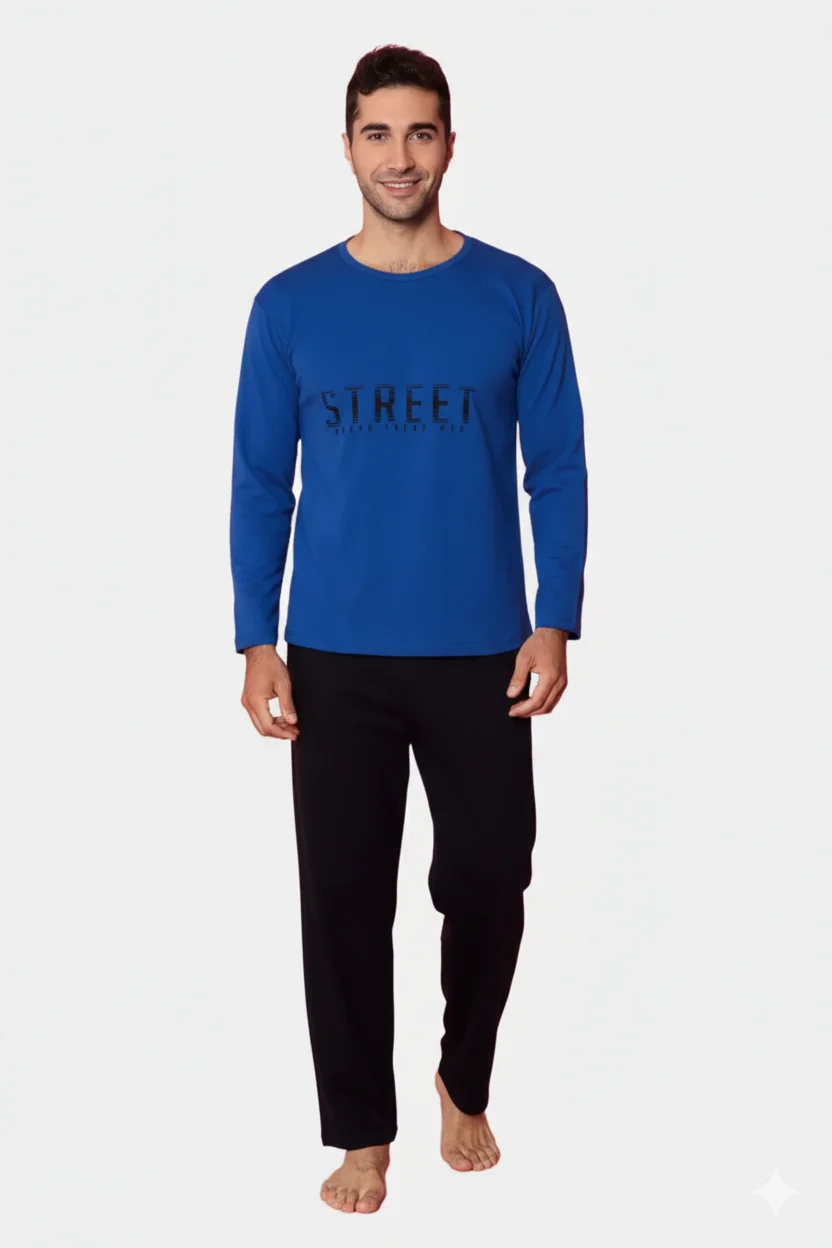 Pijama bărbați vătuită – Albastru, mânecă lungă, pantaloni lungi, imprimeu ,,Street''