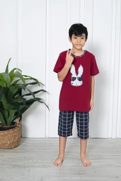 Pijama băieți, mânecă scurtă , imprimeu iepure cu ochelari, rosu