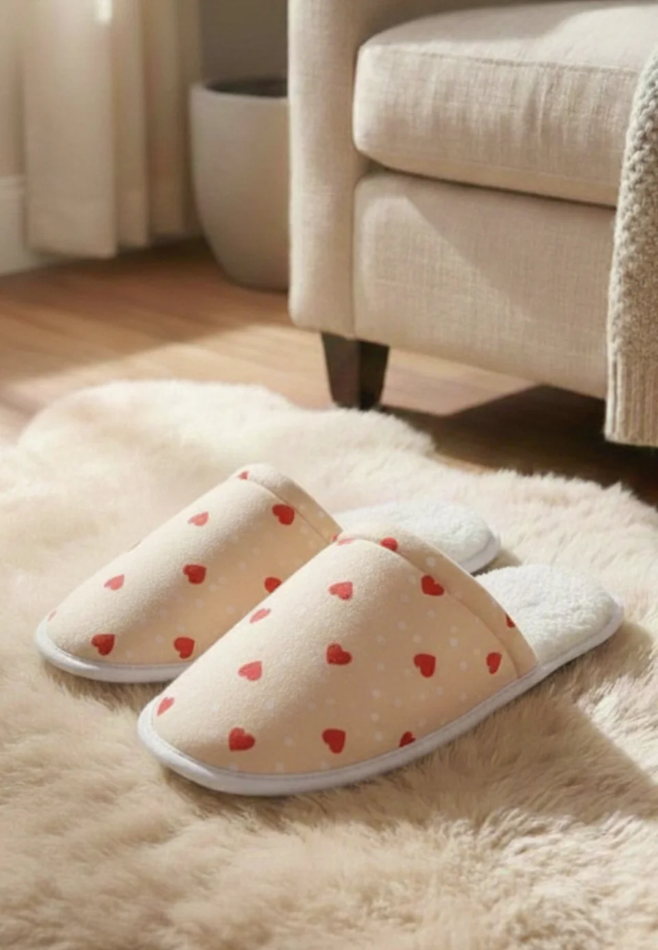Papuci de casă damă cu puf, crem, cu imprimeu inimioare – comozi și călduroși