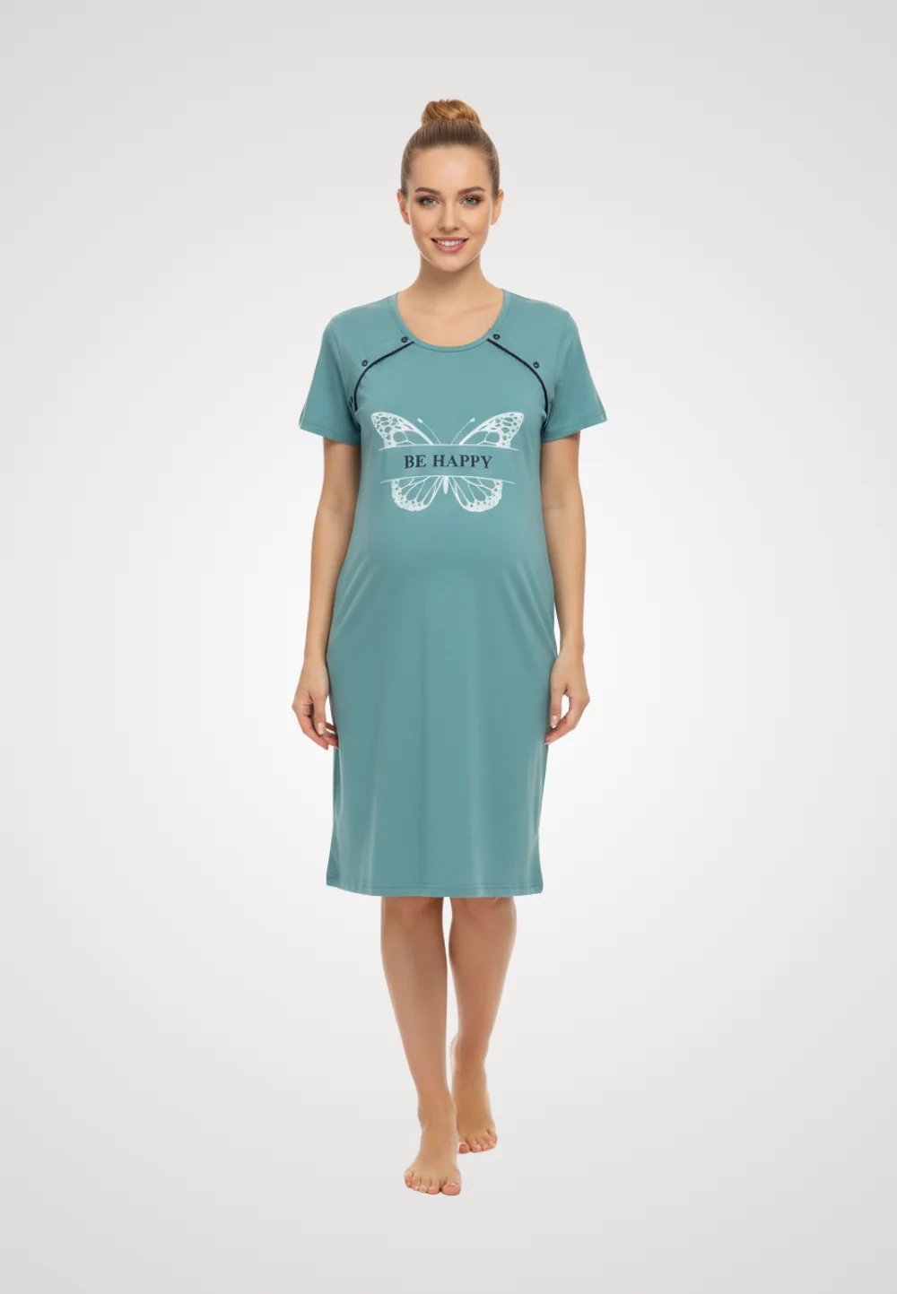 Cămașă pentru alăptat turcoaz imprimeu ''BE HAPPY''