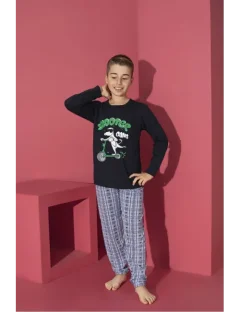 Pijama băieți cu mânecă lungă și pantaloni lungi, imprimeu Scooter, bleumarin