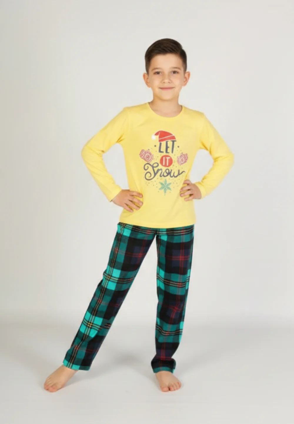 Pijama copii, mânecă lungă, pantalon lung, imprimeu Let it Snow, galben