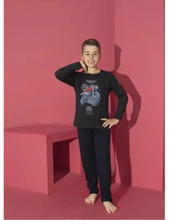 Pijama băieți cu mânecă lungă și pantaloni lungi, imprimeu motoretă, negru