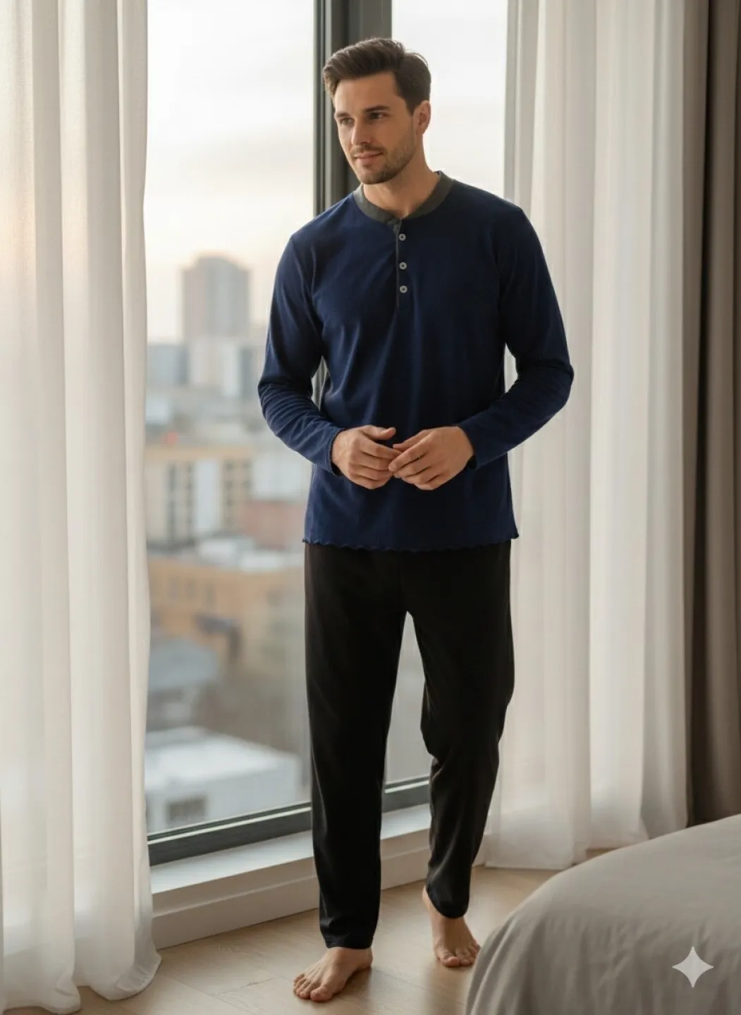 Pijamale bărbați polar albastru închis și negru cu decolteu cu nasturi