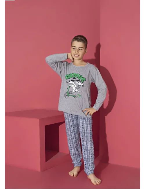 Pijama băieți cu mânecă lungă și pantaloni lungi, imprimeu Scooter, gri