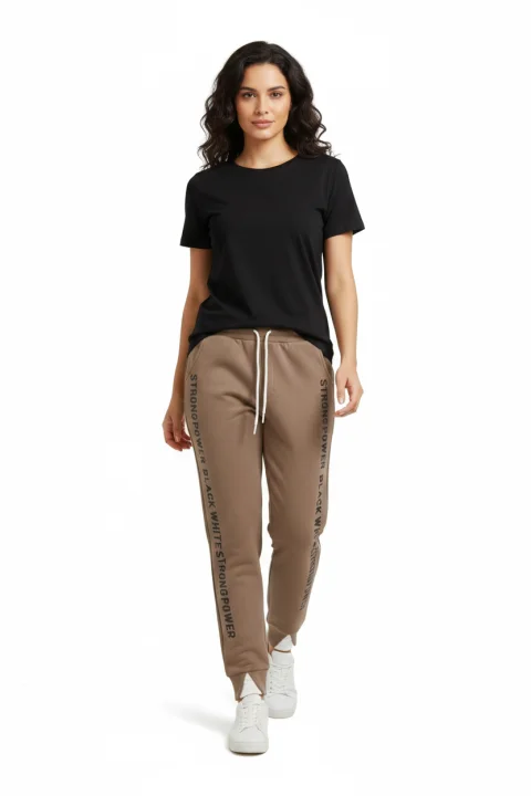 Pantaloni damă maro cu șiret reglabil și imprimeu lateral „Strong Power”