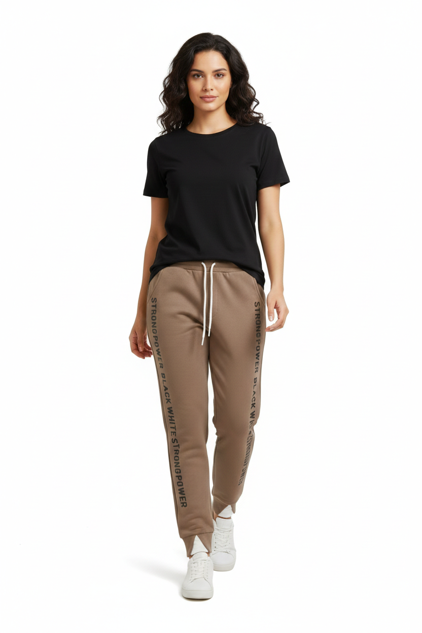 Pantaloni damă maro cu șiret reglabil și imprimeu lateral „Strong Power”