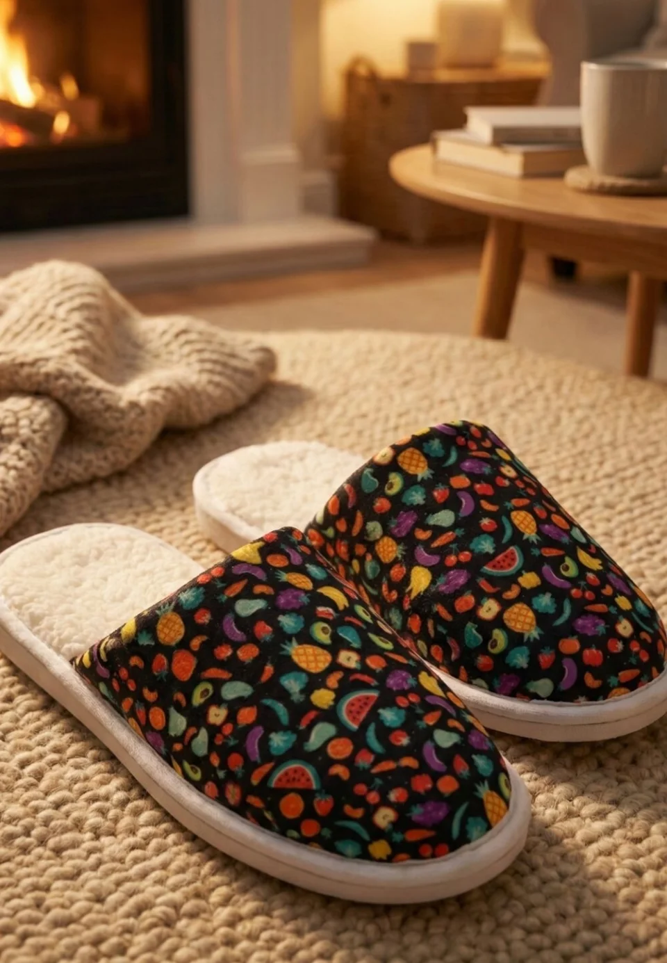 Papuci de casă damă cu puf, negri, cu imprimeu fructe – comozi și călduroși