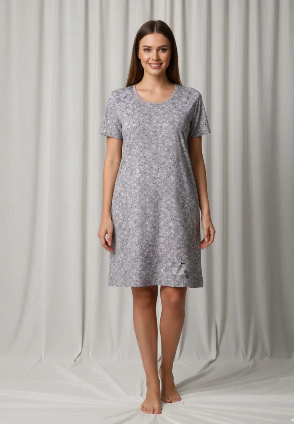 Cămașă de noapte gri cu imprimeu flori