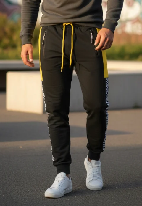 Pantaloni de trening bărbați negri cu detalii galbene și model șah