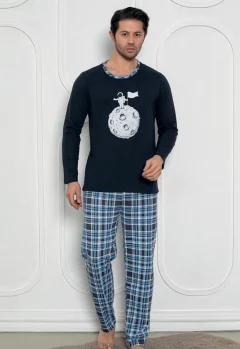 Pijama Bărbat , Mâneci Lungi și Pantaloni Lungi Asortați, Imprimeu Astronaut, Bleumarin