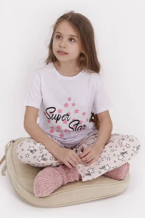 Pijama pentru copii cu tricou și pantaloni lungi, imprimeu cu mesaj și stelute, Alb
