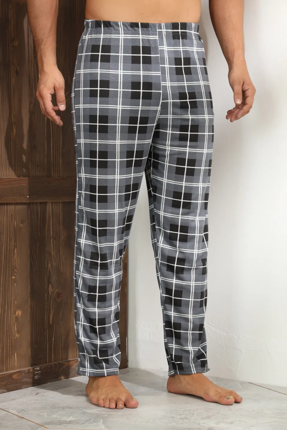 Pantaloni pijama bărbați gri în carouri, croială lejeră-big size