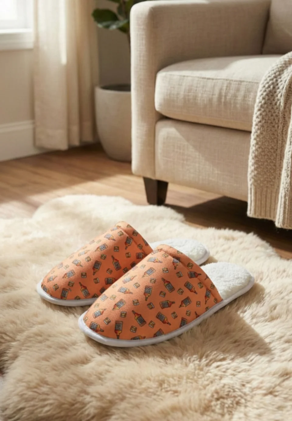 Papuci de casă pentru bărbați, portocalii, cu imprimeu Whiskey – călduroși și comozi