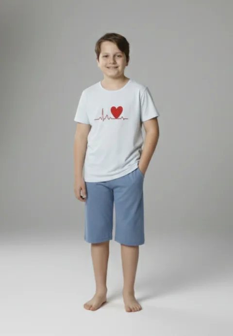 Pijama familie-copii, bumbac, mânecă scurtă și pantaloni 3/4, albastru