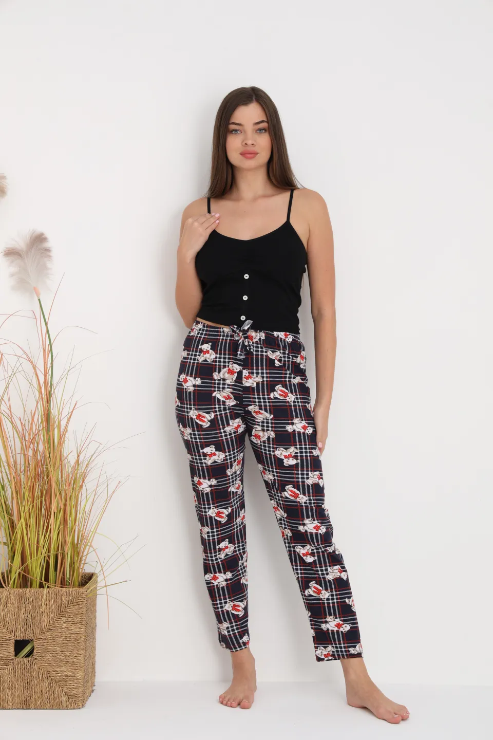 Pantaloni de pijama damă cu carouri și ursuleți, croială lejeră, bumbac & poliester