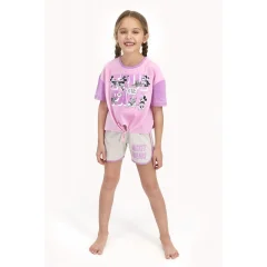 Pijama pentru fetițe Disney, tricou si pantalon scurt, model True Pals, roz