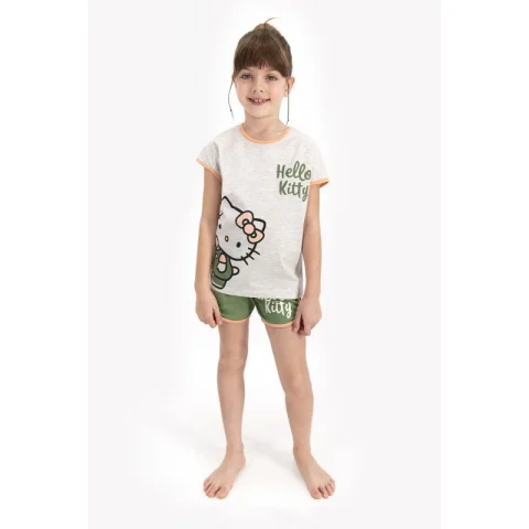 Pijama fete cu tricou  și pantalon scurt, imprimeu Hello Kitty, Verde