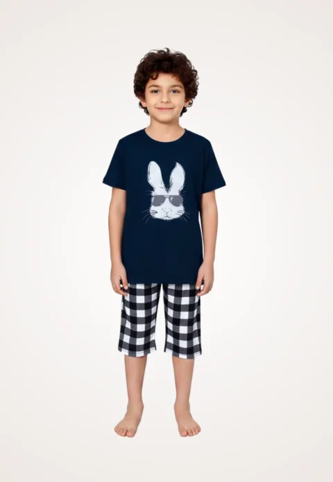 Pijama băieți, mânecă scurtă , imprimeu iepure cu ochelari, albastru închis