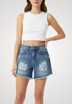 Blugi scurti damă albastri cu talie înaltă – franjuri, croială lejeră