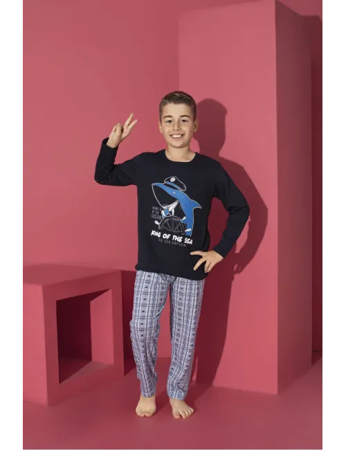 Pijama băieți cu mânecă lungă și pantaloni lungi, imprimeu King Of The Sea, bleumarin