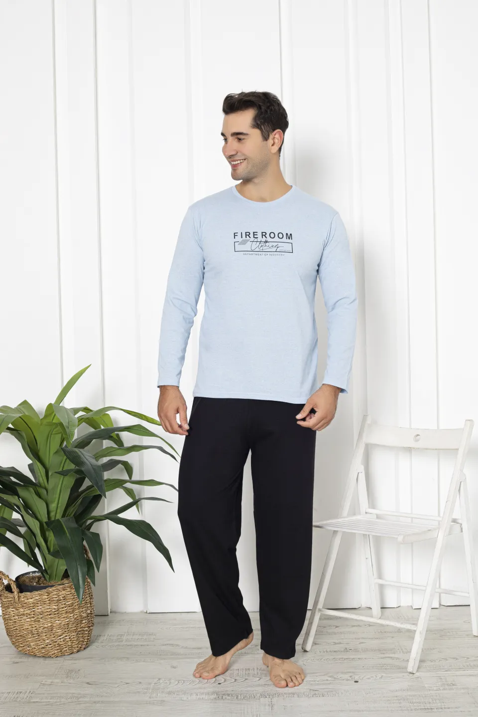 Pijama bărbați din bumbac, mânecă lungă și pantaloni lungi, imprimeu Fireroom