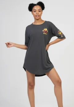 Rochie de casă Vienetta negru, mânecă 3/4, imprimeu „Smile to the world”