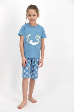 Pijama pentru copii cu tricou si pantaloni trei sferturi, imprimeu ursuleți, albastru