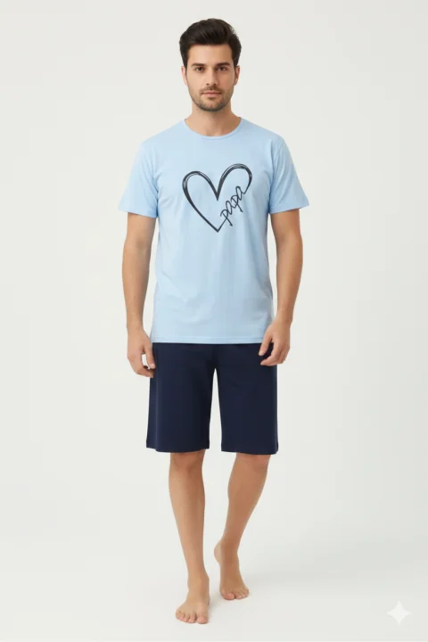 Pijama familie-bărbați, bumbac, mânecă scurtă și pantaloni 3/4 , culoare albastru