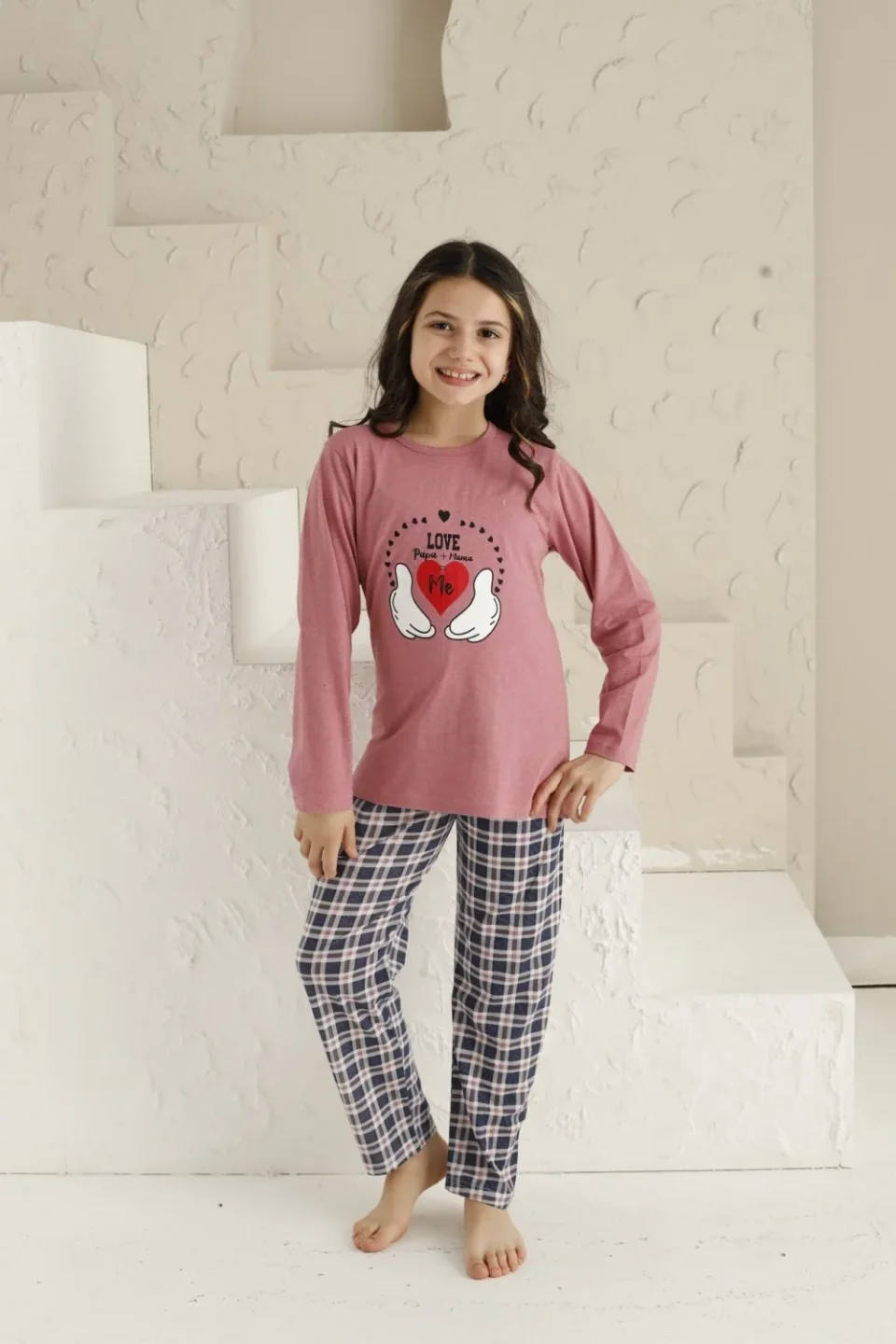 Pijama Fete, Mânecă Lungă, Imprimeu Love, Roz Închis