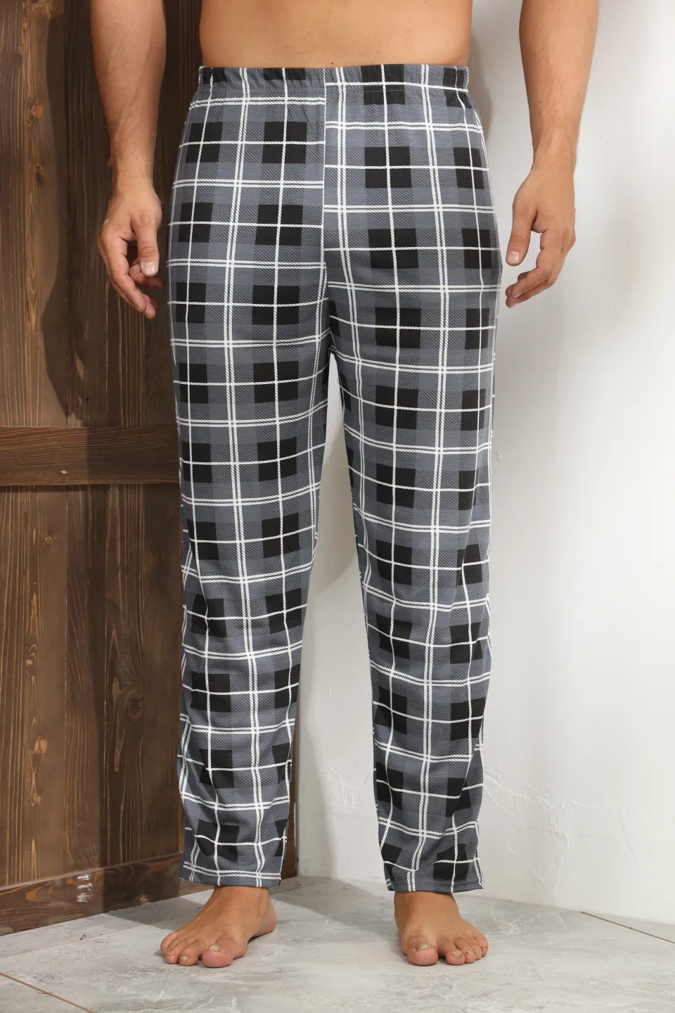 Pantaloni de pijama bărbați gri cu pătrățele negre și carouri albe