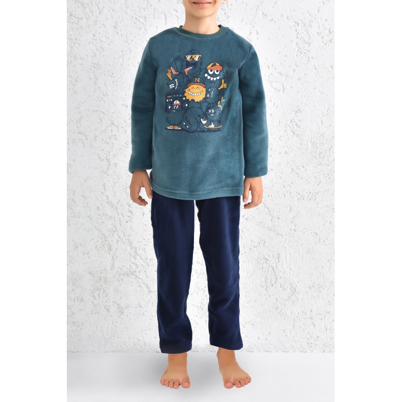 Pijama Polar pentru băieți cu manecă lungă si pantaloni lungi, imprimeu haios, culoare verde