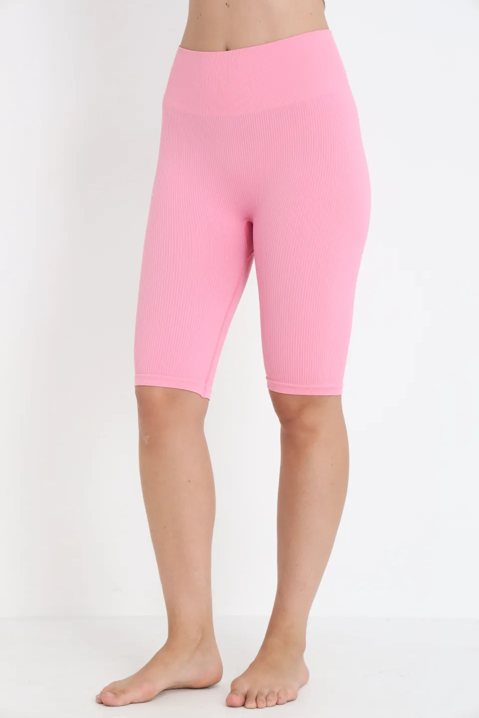 Colanți scurți raiati roz cu talie înaltă