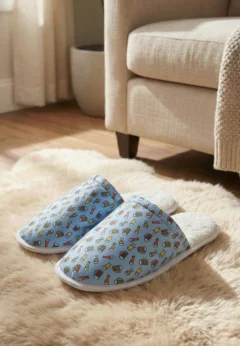 Papuci de casă pentru bărbați, albaștri, cu imprimeu halbă de bere – călduroși și comozi