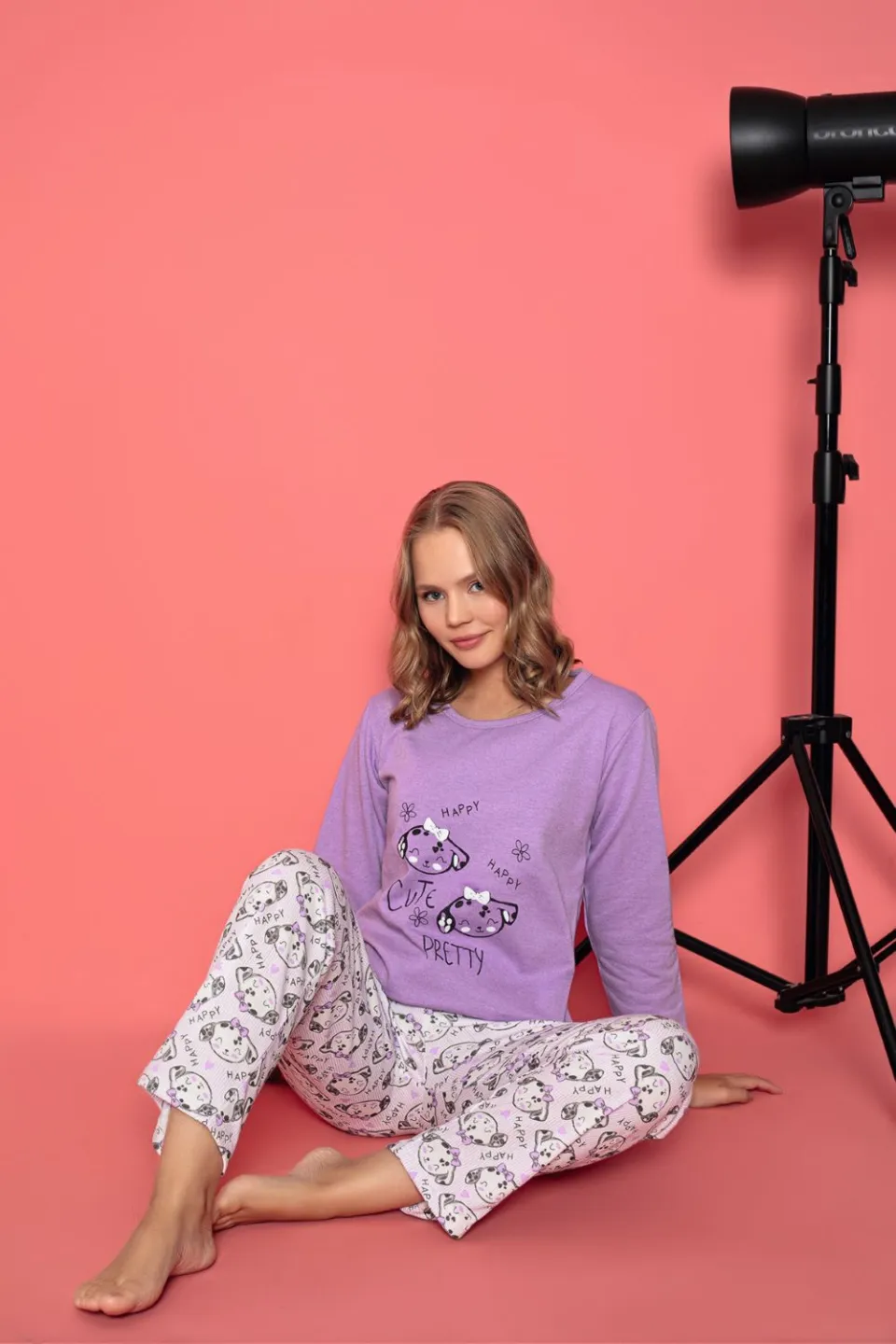 Pijama damă vătuită cu mânecă lungă și pantaloni lungi din bumbac, imprimeu Cute, Pretty