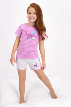 Pijama fetițe cu tricou și pantaloni scurți, imprimeu balenă, Roz