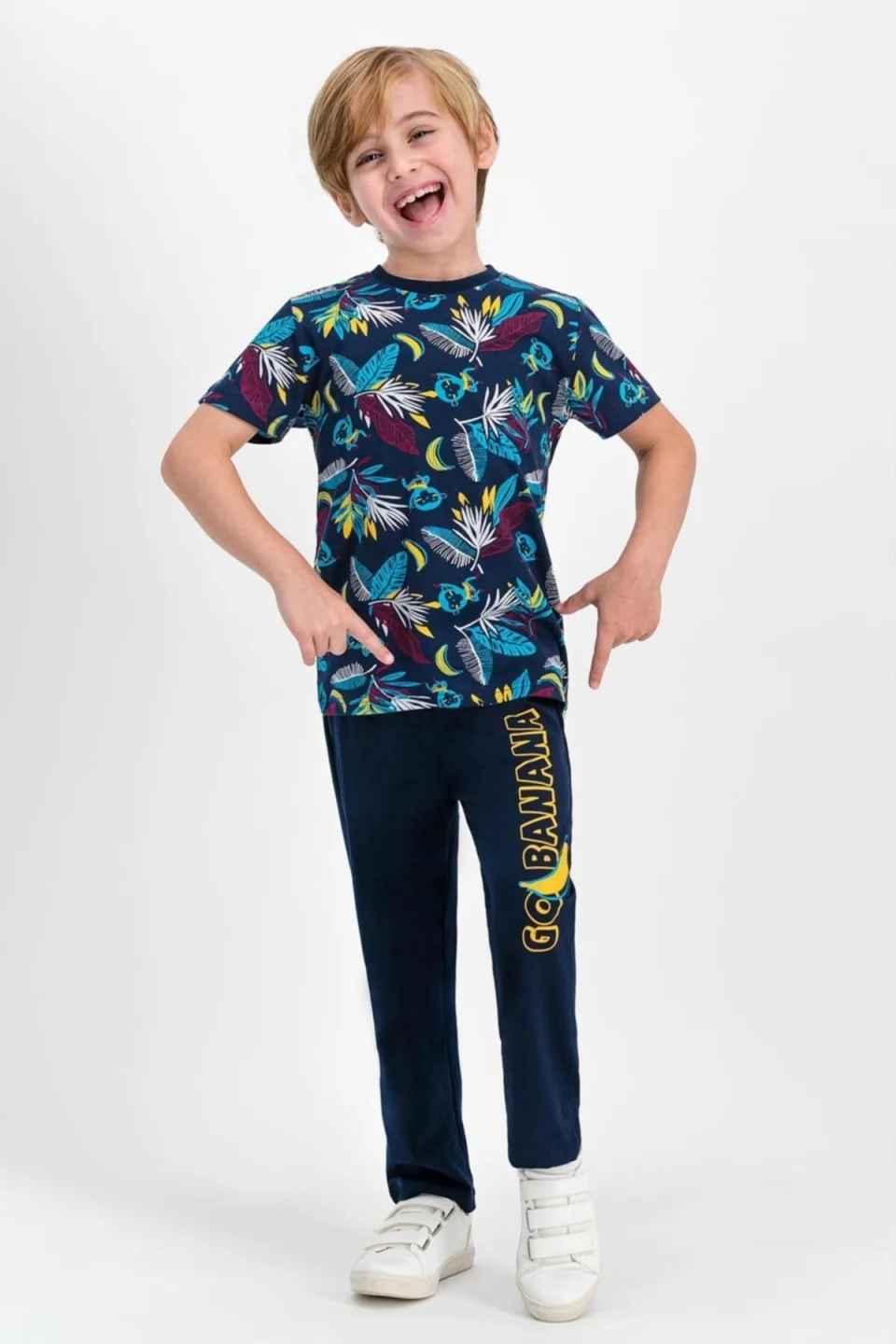 Pijama copii cu tricou și pantaloni lungi, imprimeu banane, Bleumarin