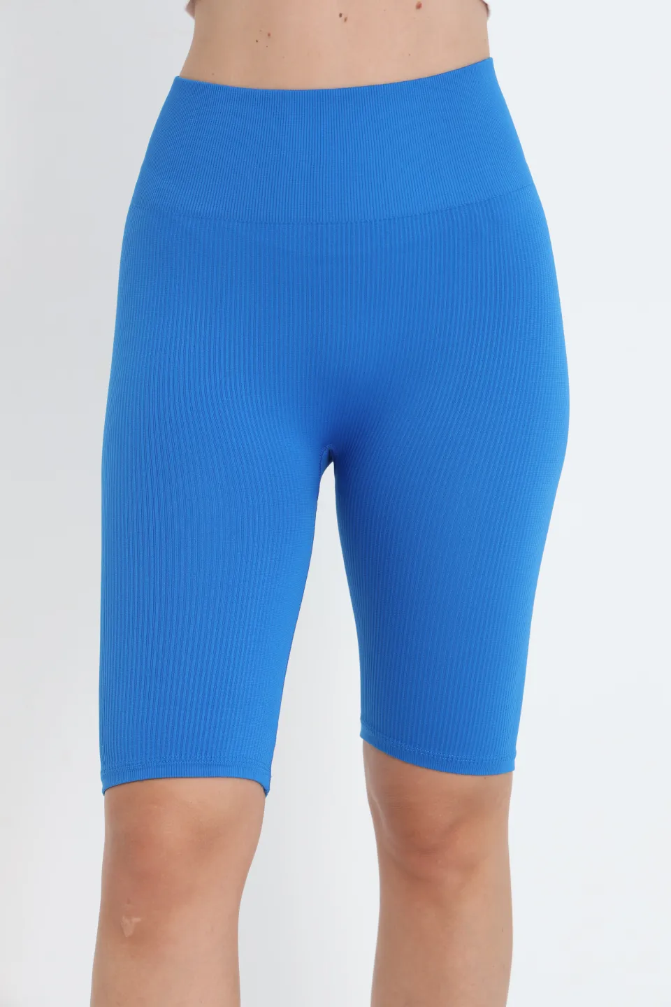 Colanți scurți raiati albastru cu talie înaltă