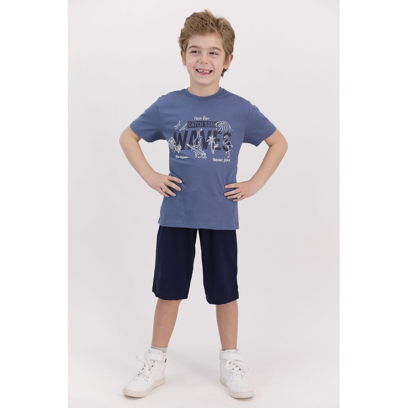 Pijama băieți, mânecă scurtă si pantalon 3/4, imprimeu Waves, bleumarin