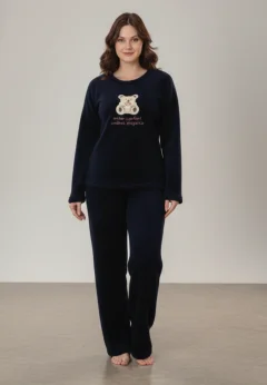 Pijama damă cocolino bleumarin cu ursuleț