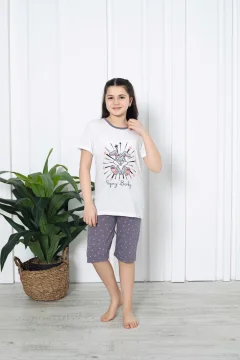 Pijama fetițe cu mânecă scurtă și pantalon 3/4, imprimeu Baby, alb