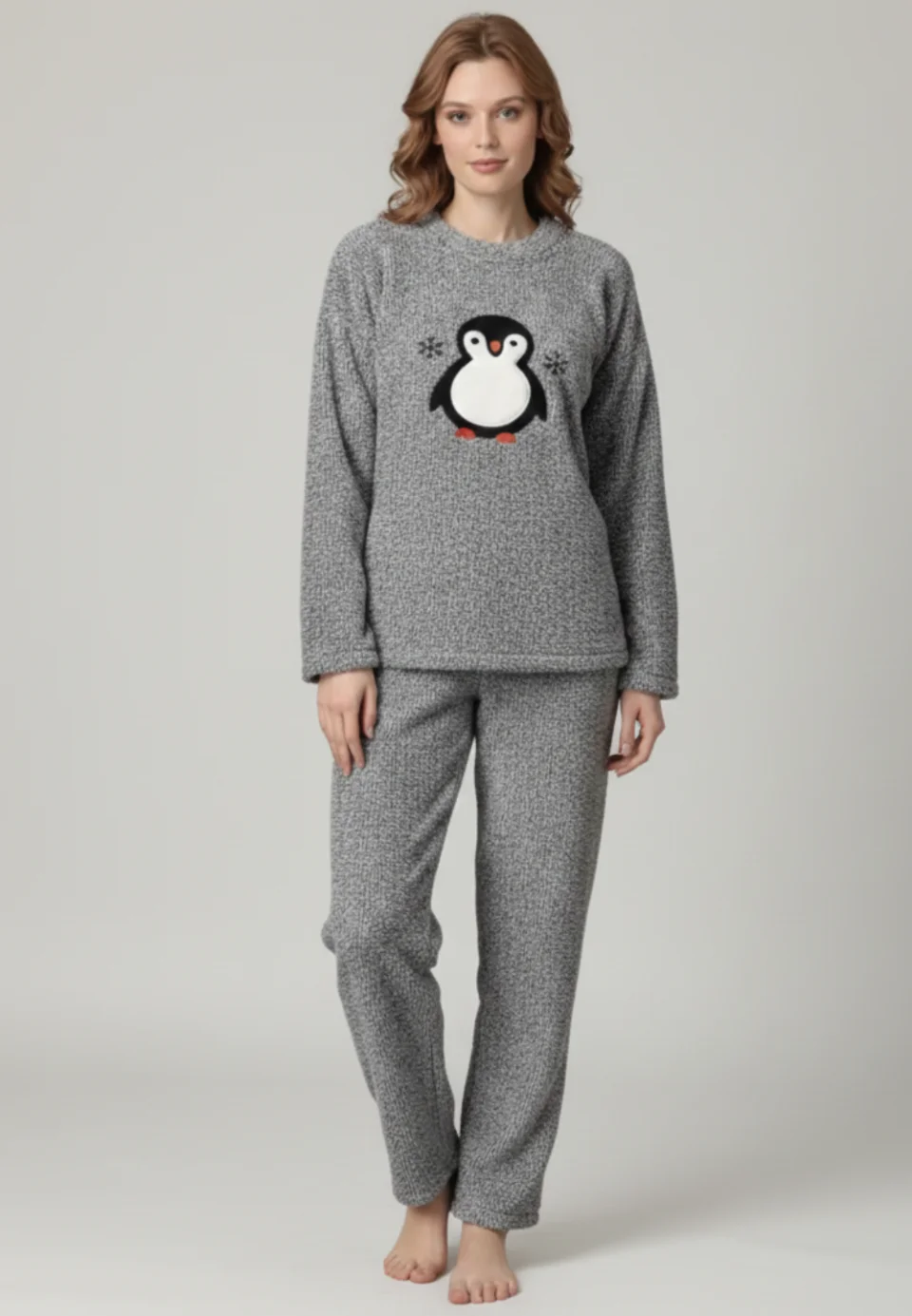 Pijamale damă cocolino gri deschis cu imprimeu pinguin