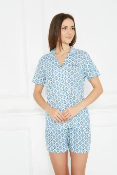 Pijama Dama din Viscoză – Bluza cu Mâneci Scurte și Pantaloni Scurți cu Elastic în Talie, Imprimeu Floral, Blue