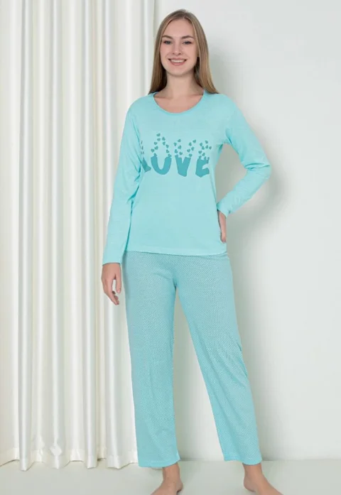 Pijama damă cu mânecă lungă și pantaloni lungi, imprimeu ,,Love'', culoare turcoaz