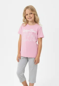 Pijama fete Paște, Roz – tricou bumbac 100% și pantaloni 3/4