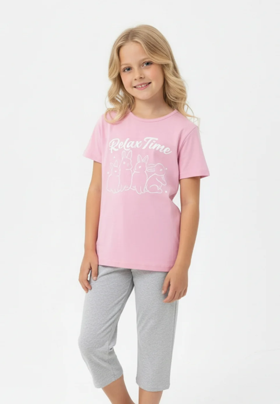 Pijama fete Paște, Roz – tricou bumbac 100% și pantaloni 3/4