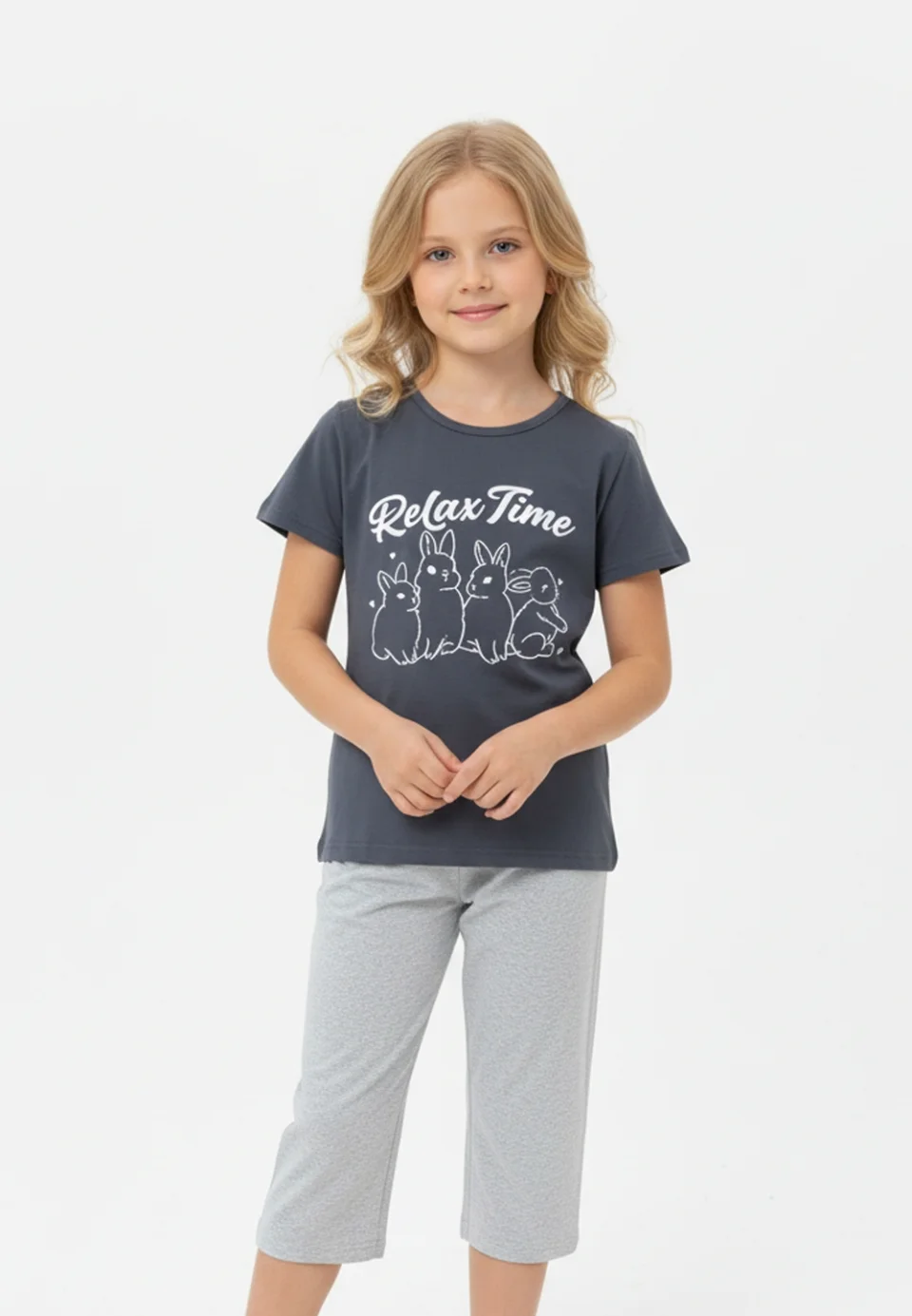Pijama fete Paște, Gri – tricou bumbac 100% și pantaloni 3/4